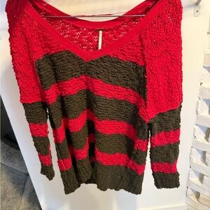 Free People Red and Black V-Neck Sweater